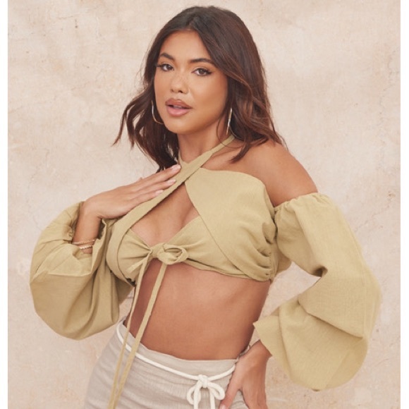 PrettyLittleThing Tops - NWT PrettyLittleThing Olive Linen Feel Halter Lace Up Fringe Detail Top